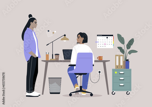 The onboarding process concept, an employee assisting a new colleague in acclimating to their first day at work