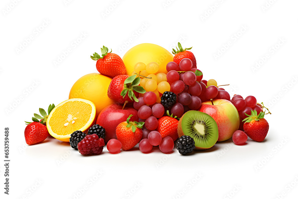Pile of organic fresh fruit strawberry, lemon, grape, raspberry, blackberry, kiwi and apple isolated on white background, food and health care concept Pile of organic fresh fruit strawberry, lemon, grape, raspberry, blackberry, kiwi and apple isolated on white background, food and health care concept