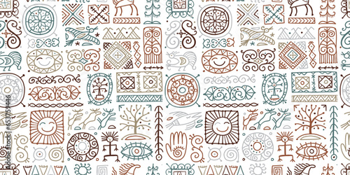 Ethnic handmade ornament, Folk Vintage Symbols. Seamless Pattern for your design