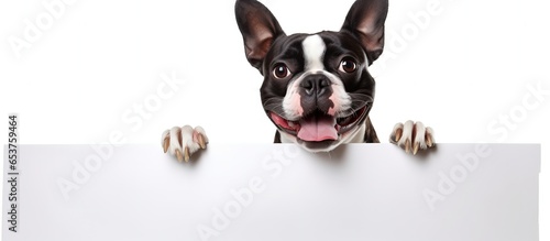 Boston Terrier dog holding blank sign promoting pet care