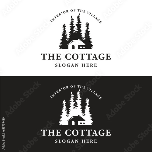 Vintage rustic cabin or cottage logo template design with forest and mountain view.