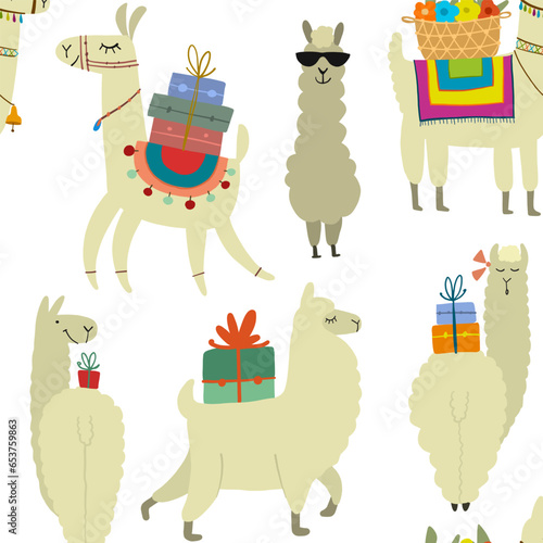 Cute alpaca character. Funny llamas family with luggage. Seamless pattern for...