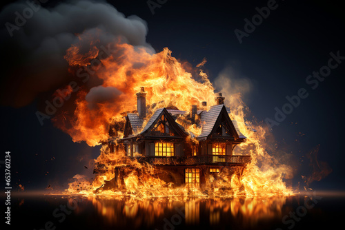 Property insurance protection, security protect, real estate from damage accidents, unexpected disaster, impending loss. House building burning, on fire dark black background