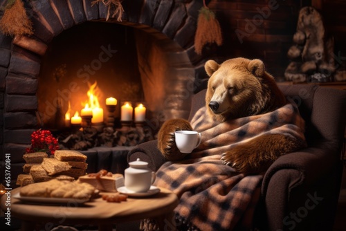 A bear enjoying a soft cushion by a warm hearth with tea.