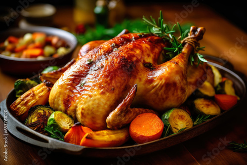 Homemade festive baked turkey for Thanksgiving with vegetables