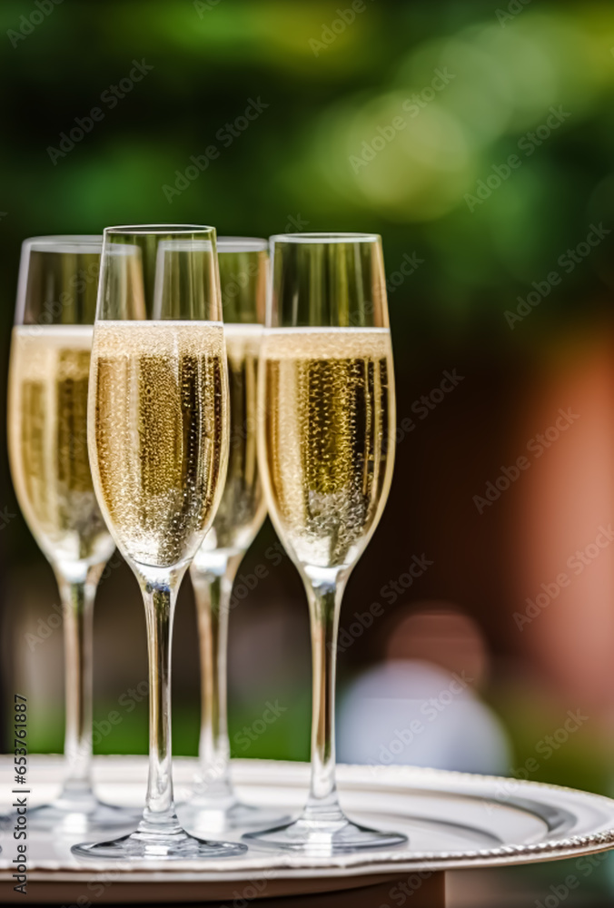 Luxury service, glasses of champagne served by a waiter at a wedding celebration or event in formal English style at luxurious hotel or country estate garden, generative ai Luxury service, glasses of champagne served by a waiter at a wedding celebration or event in formal English style at luxurious hotel or country estate garden, generative ai