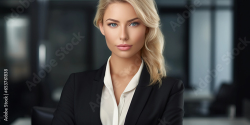 Attractive businesswoman with blonde hair and blue eyes. Confident beautiful woman. Stylish legal professional woman in suit.