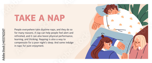Daytime nap, banner background. Tired people asleep at work. Office relaxation time. Healthy dream, repose, relax for exhausted fatigue employees, overworked stressed workers. Flat vector illustration