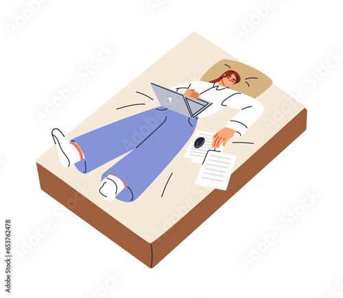 Tired busy woman sleeping in bed with laptop. Exhausted person overloaded with businesses, falling asleep, napping after late night work. Flat graphic vector illustration isolated on white background