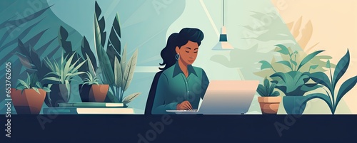 illustration of black woman in front of laptop working, next to a lot of plants, business concept