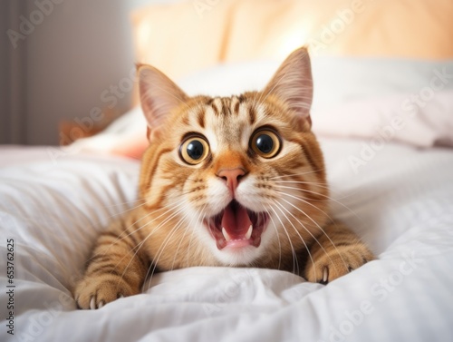 Funny crazy shorthair ginger cat portrait looking shocked or surprised. Frightened face with open mouth. Orange kitten lying in a white bed. Emotional stress in a pet, adaptation, aggression 