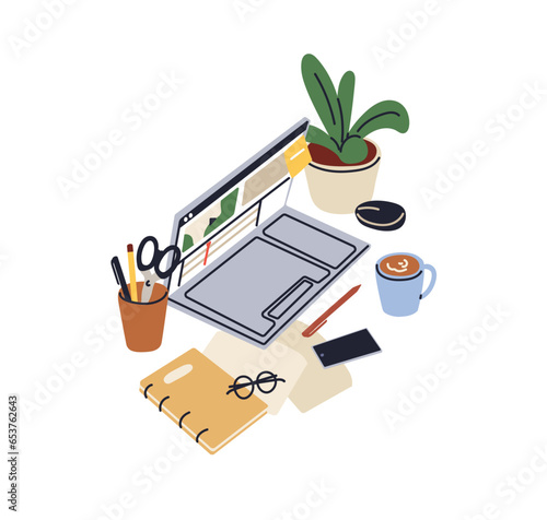 Laptop computer, notebook, coffee cup, business planner, glasses and potted plant. Cozy creative workplace with PC, phone, papers, notes. Flat vector illustration isolated on white background