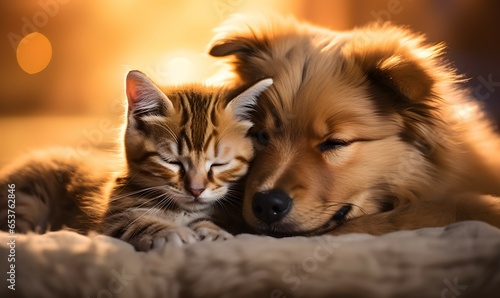Snuggle Buddies: Cute Puppy and Kitten Taking a Cozy Nap