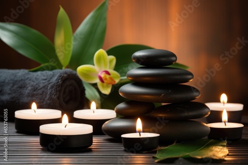 different-size smooth hot stones stacked in a spa setting