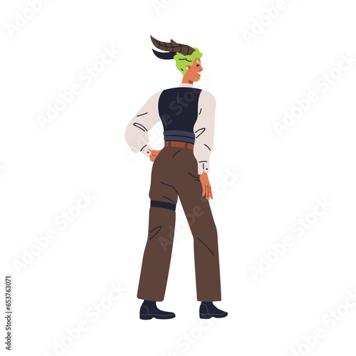 Horned man. Sexy elegant devil character. Happy horny demon, sassy seductive lucifer guy in stylish Halloween costume, vest, shirt and trousers. Flat vector illustration isolated on white background