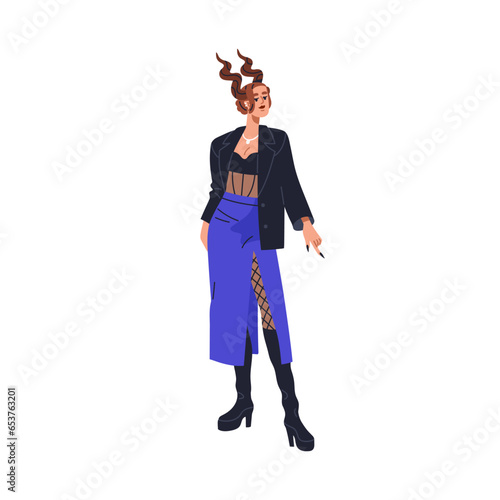 Woman devil. Horned girl in sexy outfit, apparel. Young seductive female demon, sassy cool horny hot character in modern erotic clothes. Flat vector illustration isolated on white background