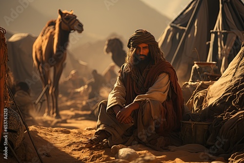Bedouin people and their nomadic way of life in the desert, with tents, camels, and traditional clothing.Generated with AI photo