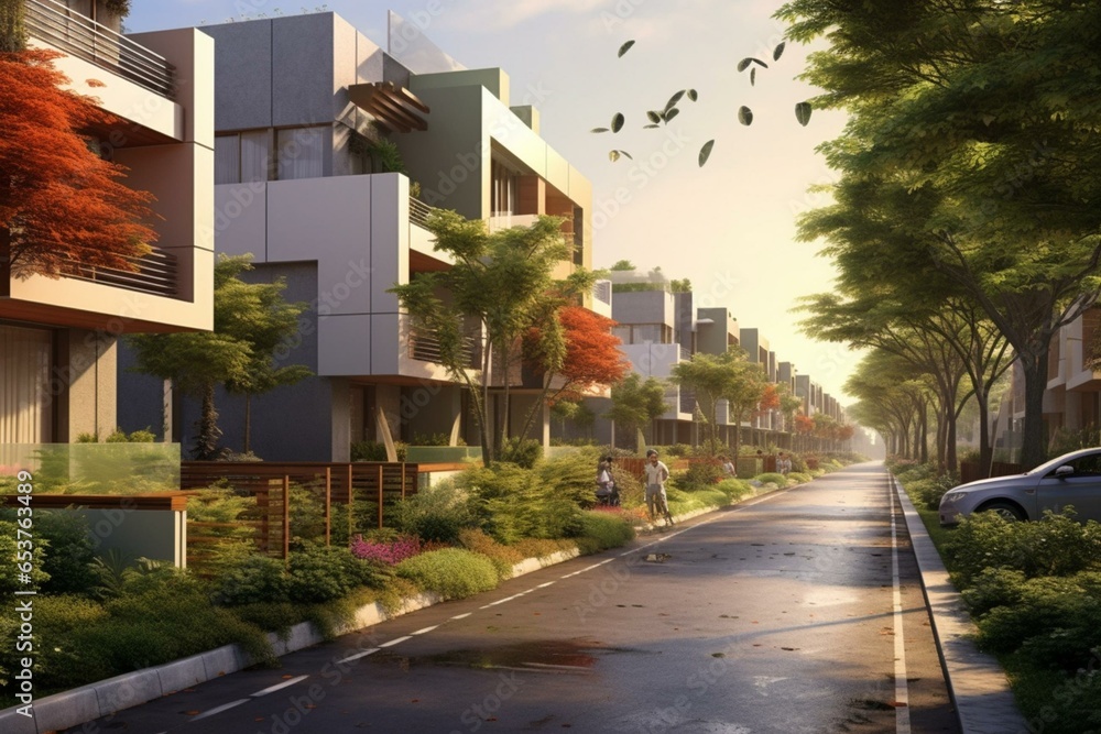 Vibrant urban homes amidst lush green surroundings. Generative AI