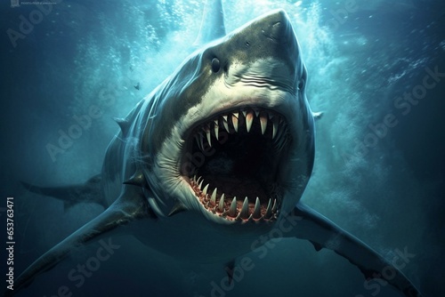 An image of a menacing shark with razor-sharp teeth swimming in the depths. Generative AI