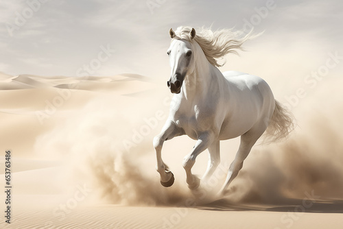 Magnificent white good footed horse is running in the desert in a hot daytime, Generative AI.