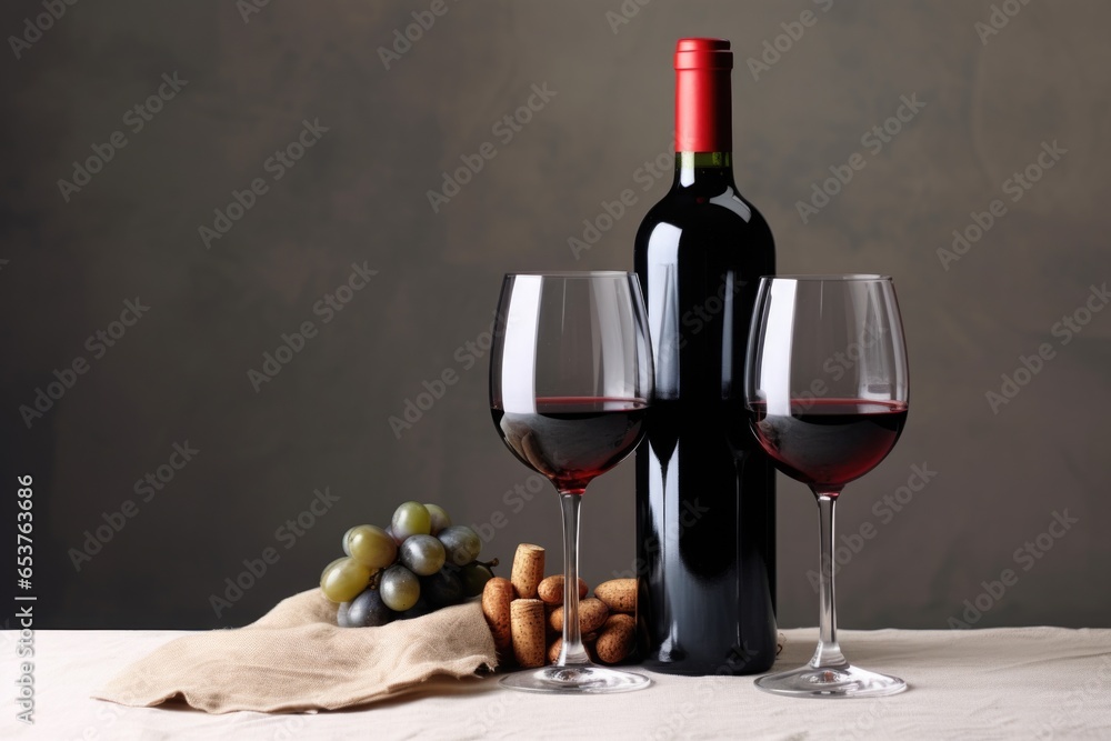 unopened bottle of red wine with two glasses next to it unopened bottle of red wine with two glasses next to it