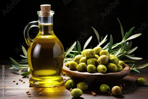 a bottle of olive oil with fresh green olives beside it