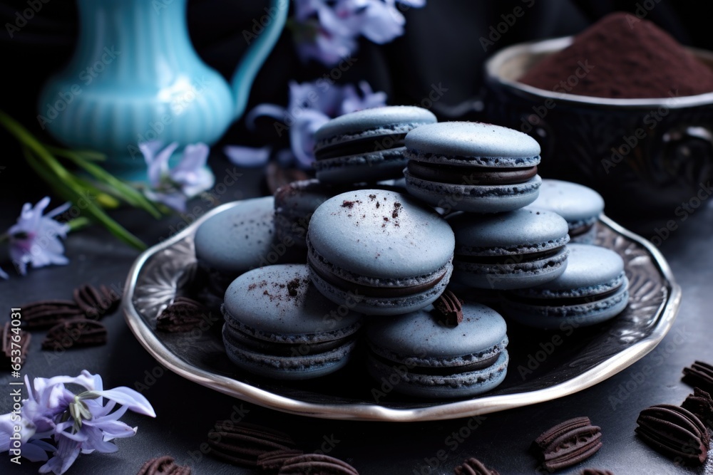 Fototapeta premium charcoal black macarons on a light blue dish