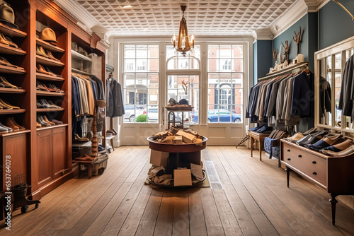 Fototapeta Naklejka Na Ścianę i Meble -  High street retail, small business and commercial interior, fashion store in the English countryside style, elegant country clothing shop showroom and luxurious boutique in the old town, generative ai