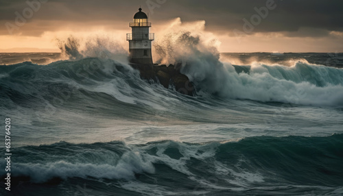 A captivating coastal scene with a lighthouse, crashing waves, and a stunning sunset