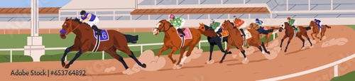 Jockeys competing on racehorses on racetrack. Equestrians, horse riders on hippodrome track, galloping on racecourse, turf. Equine sports competition, betting contest. Flat vector illustration