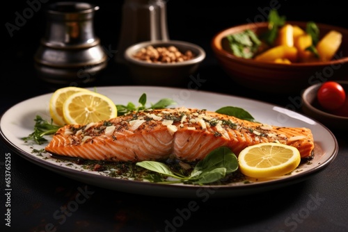 salmon fillet cooked and served on a plate