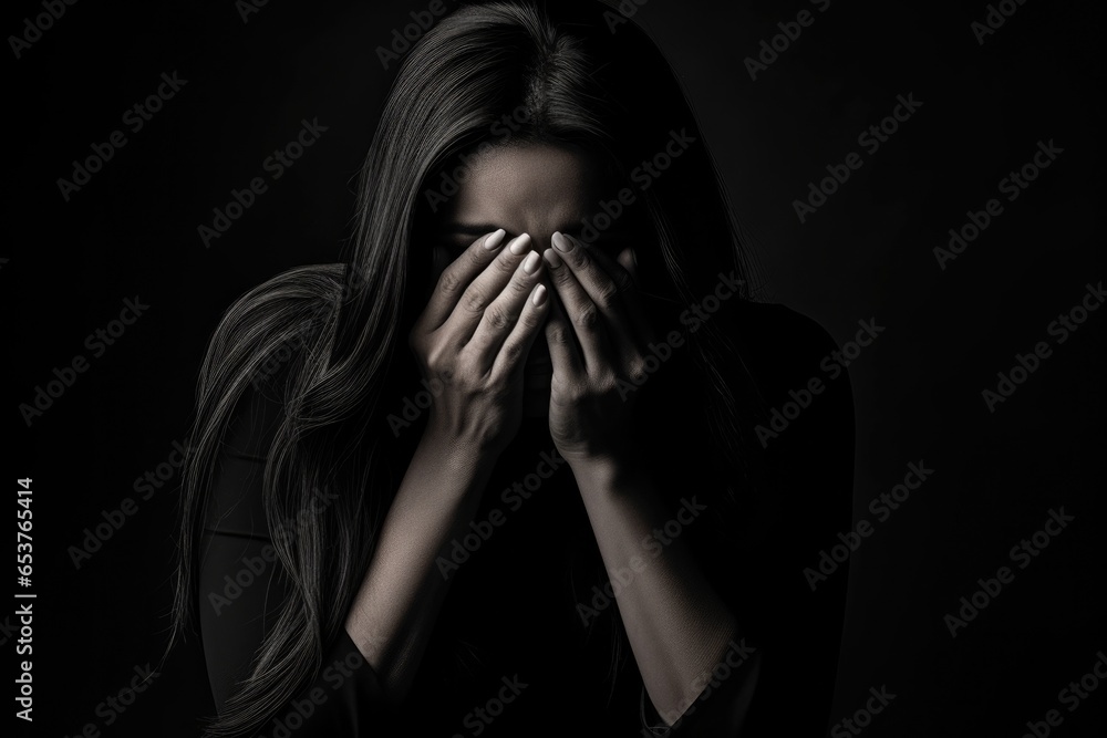 A woman hiding her face with her hands