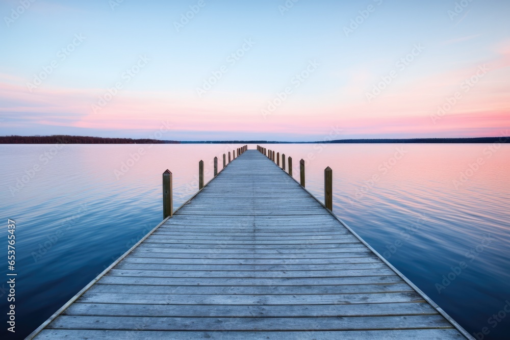 A serene and picturesque dock stretching out into a tranquil body of water