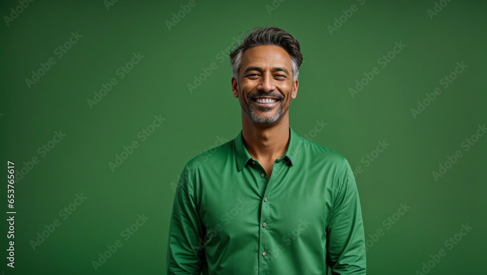 Fototapeta premium Genuine Happiness Captured: Mid Age Man Smiling in Front of Green Screen - Ideal for Virtual Events & Corporate Videos