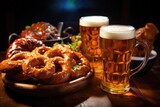 close up of traditional german pretzels and beer