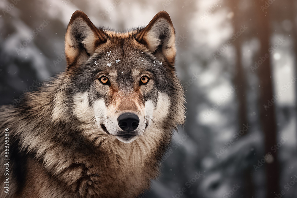 Fototapeta premium The portrait of a lonely alpha gray wolf or Canis Lupus standing and gazing in the snowy night of the winter forest, Generative AI.