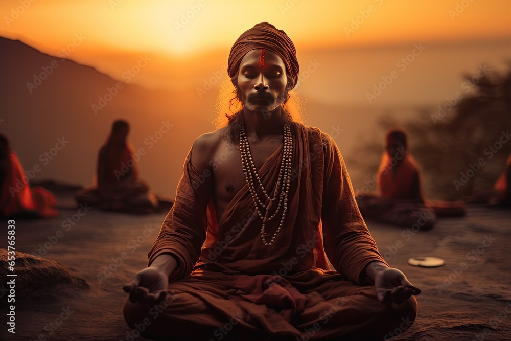 Indian yogi in meditation, spiritual connection amidst the tranquil beauty of India.Generated with AI - obrazy, fototapety, plakaty 