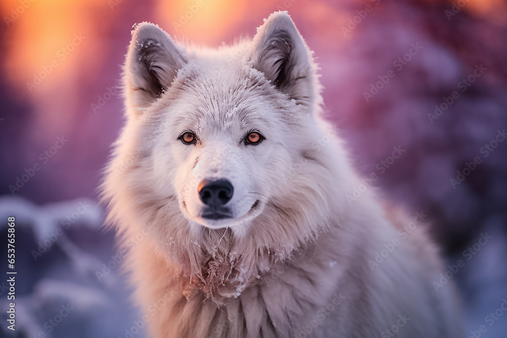 Obraz premium The portrait of a lonely alpha gray wolf or Canis Lupus standing and gazing in the snowy night of the winter forest, Generative AI.