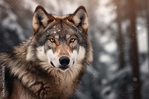 The portrait of a lonely alpha gray wolf or Canis Lupus standing and gazing in the snowy night of the winter forest  Generative AI.