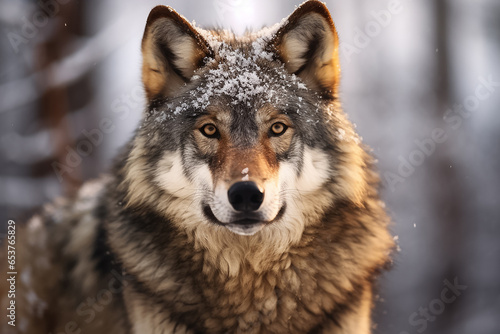 The portrait of a lonely alpha gray wolf or Canis Lupus standing and gazing in the snowy night of the winter forest, Generative AI. © Surachetsh