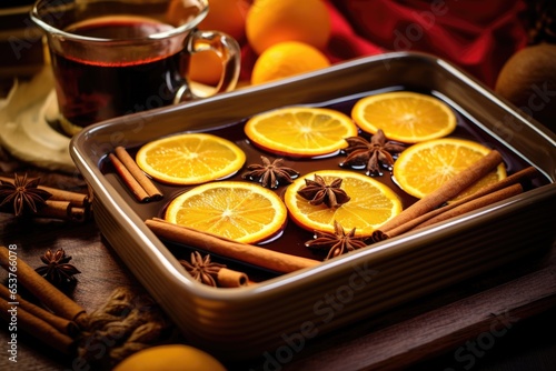 a tray of hot mulled wine with orange slices and cinnamon sticks