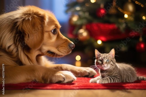 pet paw touching a decorated gift under a christmas tree