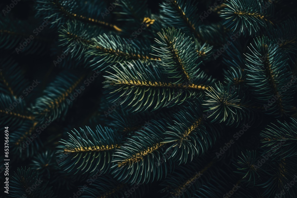 Winter beautiful green fir tree branches background. Spruce with needles. Closeup. Nature winter banner. Christmas wallpaper concept with copy space
