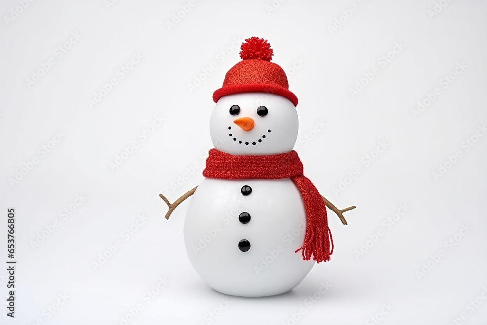 Snowman with hat and scarf isolated on white background, Snowman under the snowfall, doll of snowman in the forest Snowman with hat and scarf isolated on white background, Snowman under the snowfall, doll of snowman in the forest