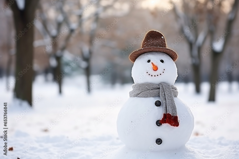 Snowman with hat and scarf isolated on white background, Snowman under the snowfall, doll of snowman in the forest Snowman with hat and scarf isolated on white background, Snowman under the snowfall, doll of snowman in the forest