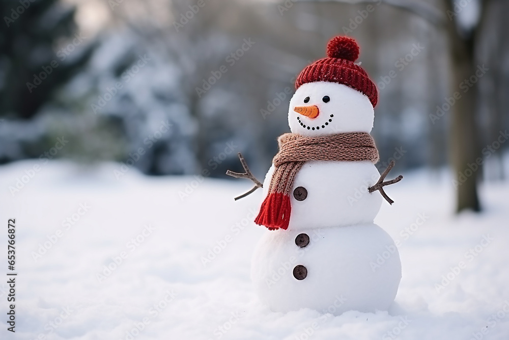 Snowman with hat and scarf isolated on white background, Snowman under the snowfall, doll of snowman in the forest Snowman with hat and scarf isolated on white background, Snowman under the snowfall, doll of snowman in the forest