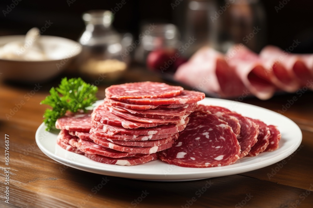carefully portioned salami slices on a plate
