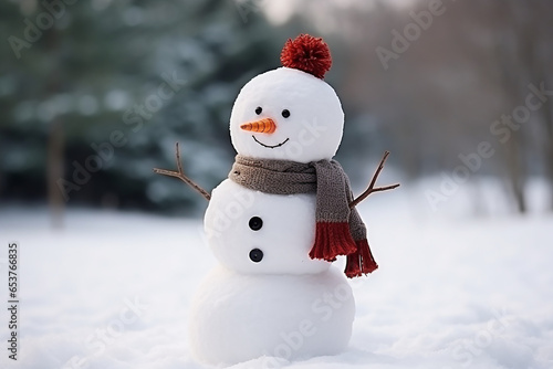 Snowman with hat and scarf isolated on white background, Snowman under the snowfall, doll of snowman in the forest © Wuttichaik