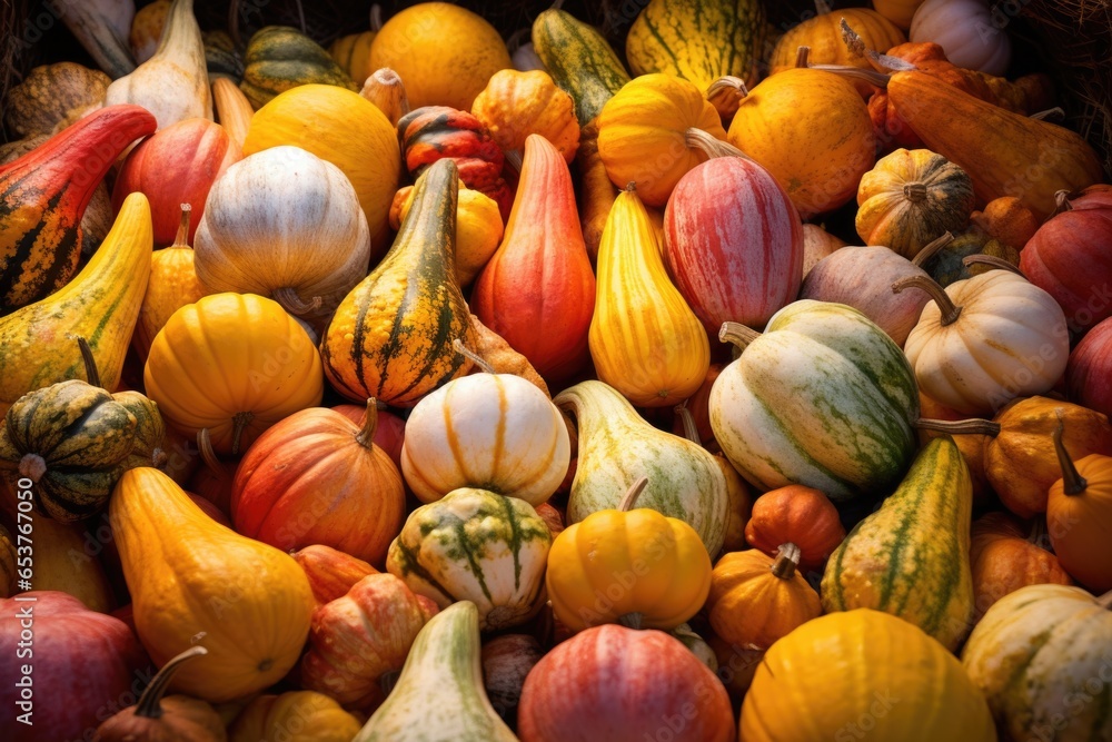 pile of colorful autumn gourds in daylight