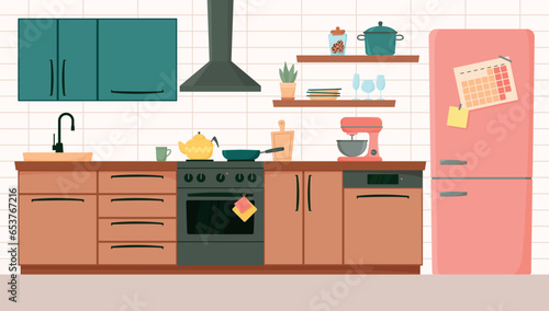 Kitchen interior with furniture and appliances front view. Home cooking room with kitchen cabinets, fridge, stove, extractor hood and kitchenware in flat style